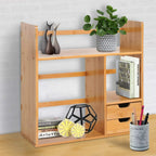 Bamboo desktop organizer with open shelving, two drawers, and side compartments