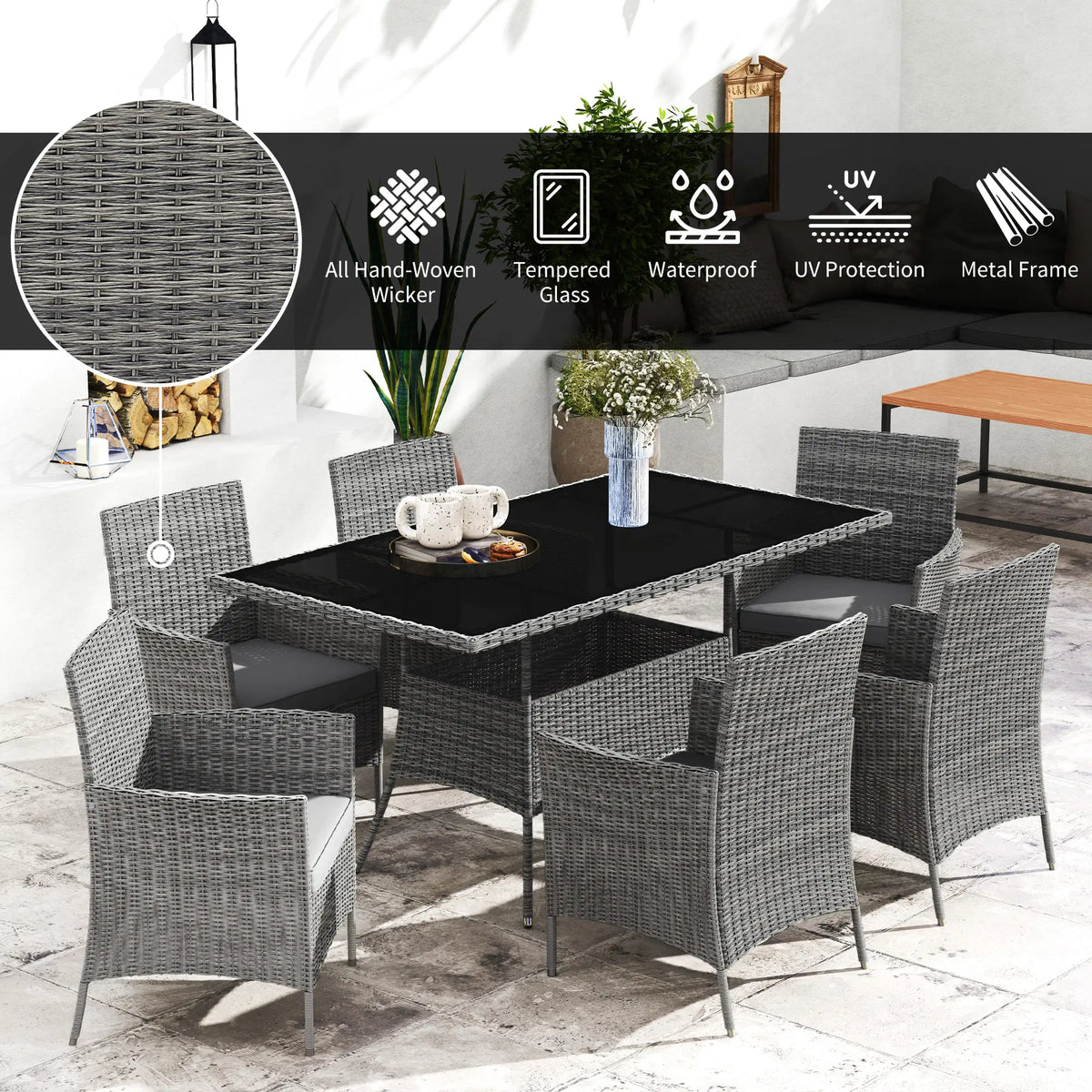 Outsunny 7-Piece Rattan Garden Set with Cushions, 6-Seater Garden Table and Chairs, Rattan Dining Set with 6