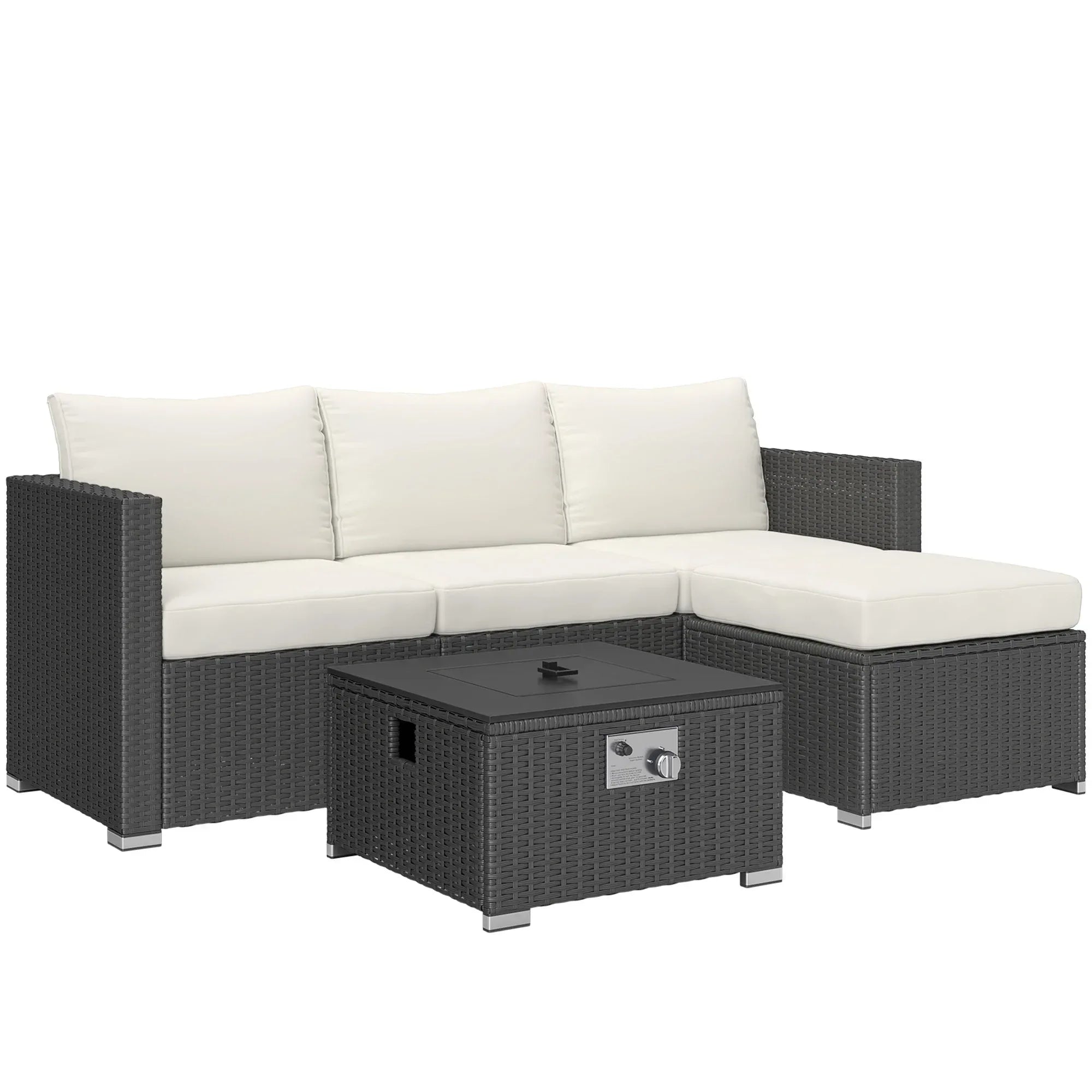 Five Piece Rattan Garden Furniture Set with Gas Fire Pit Table and Footstool - Black and Cream White - Bobobiy