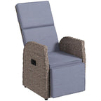 Reclining rattan garden armchair with footrest, brown wicker and blue-grey cushion