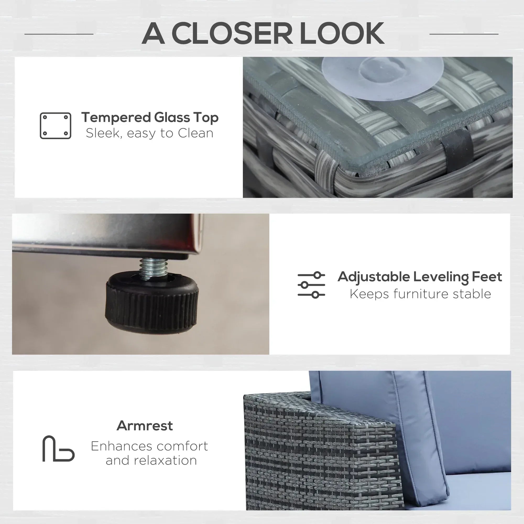 8 Piece Rattan Corner Sofa Set with Wide & Deep Seat, Assembled Aluminium PE Rattan Garden Furniture Set with Thick Cushions and Glass Top Table for Outdoor, Conservatory, Grey - Bobobiy