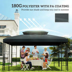 Grey gazebo roof top cover providing shade over outdoor dining seating