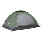2-person dome camping tent in dark green with zippered front door and poles