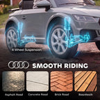 Grey ride-on electric car showing front wheels with 4-wheel suspension detail