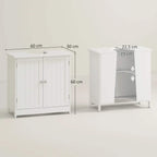 White under-sink cabinet with double doors, side view showing opening and dimensions