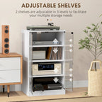 White 4-tier hi-fi stand with adjustable shelves and clear glass doors open