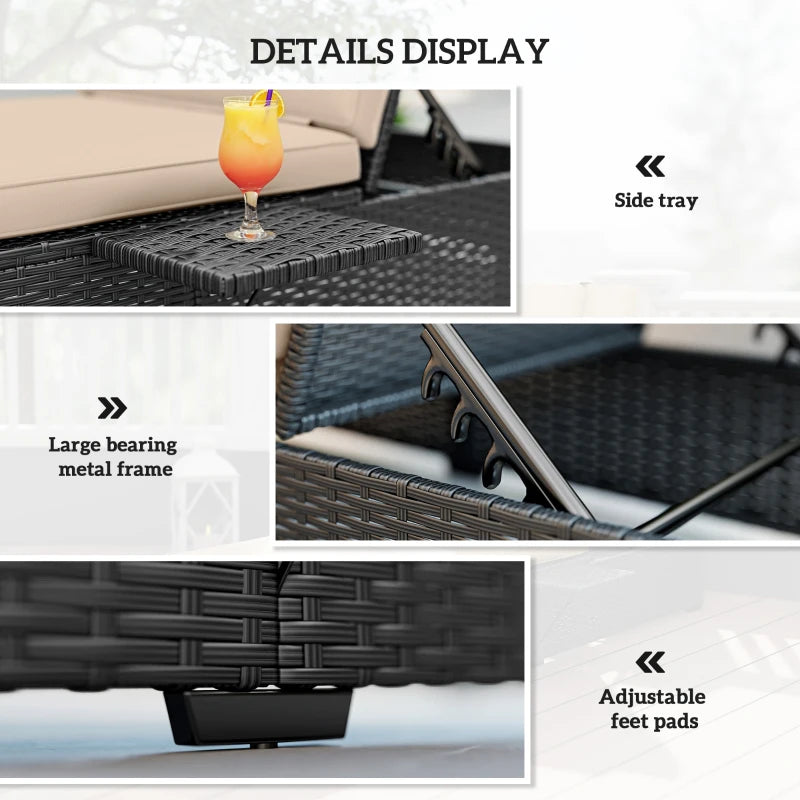 Black woven sun lounger details: adjustable feet pads and side tray