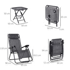 Folding zero-gravity lounge chair with light grey fabric dimensions diagram