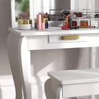 White kids dressing table with tabletop storage ledge and drawer, with matching stool