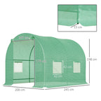 Green polytunnel greenhouse diagram showing arched roof and side door openings
