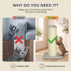 Cat scratching post showing tall sisal post with gray top and square base