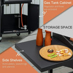 Black grill with open storage cabinet and side shelves; wheeled cart base