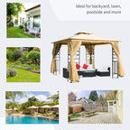 Beige double-roof gazebo with netted sidewalls and open entrance, steel frame