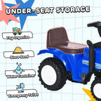 Blue toddler ride-on tractor walker with under-seat storage area and chunky tires