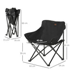 Black folding camping chair with measurements and compact foldable frame, storage-ready design