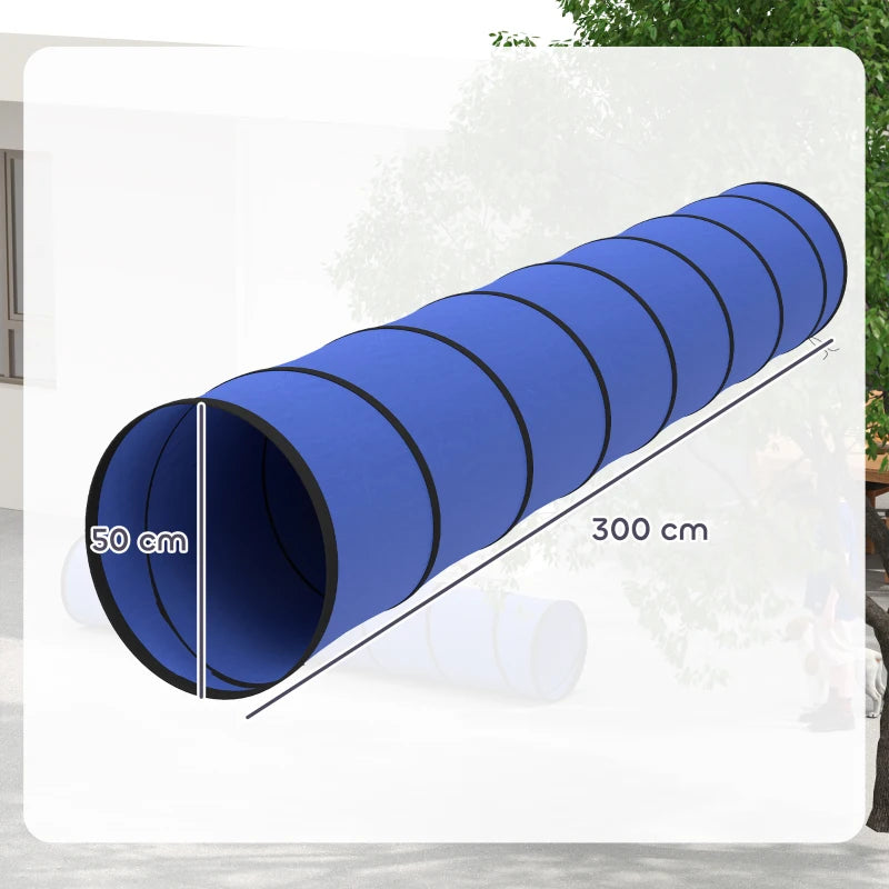 Blue play tunnel with black ring seams, shown stretched out on outdoor flooring