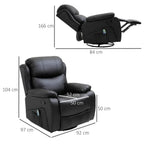 Black PU leather manual reclining chair with footrest and measured dimensions
