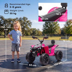 Pink 2-seat electric kids quad bike with handlebars and chunky tread tires, side view