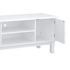 White TV cabinet with open center shelving and two swing-out side doors