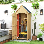 Natural wood outdoor storage cabinet with open tilt roof door and visible interior shelves