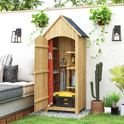 Natural wood outdoor storage cabinet with open tilt roof door and visible interior shelves
