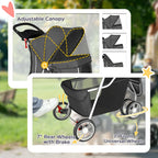 Dark grey pet stroller with adjustable canopy and front universal wheels