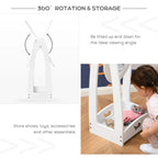 White rotating child mirror stand with lower open storage cubbies