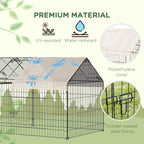 Metal playpen with beige roof panel and dark arched shelter end section
