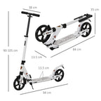 White adjustable folding kick scooter showing overall size measurements