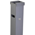 Gray metal awning cassette with lock keyhole and beige fabric edge