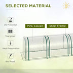 Clear PVC tunnel greenhouse cover on green steel frame, arched end and side bays