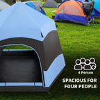 Blue and black hexagon camping tent with large front door opening on green grass