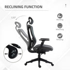 Grey ergonomic office chair reclined at 135 degrees with headrest and swivel base.