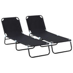 Black foldable sun loungers set of 2 with adjustable reclining backrests and foot supports