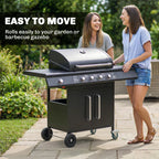 Black gas BBQ grill with open lid and front control knobs on rolling cart