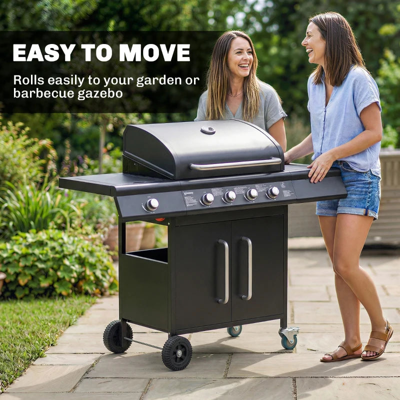 Black gas BBQ grill with open lid and front control knobs on rolling cart