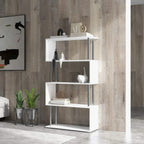 White S-shaped 5-tier bookcase with open cubbies and metal frame, freestanding