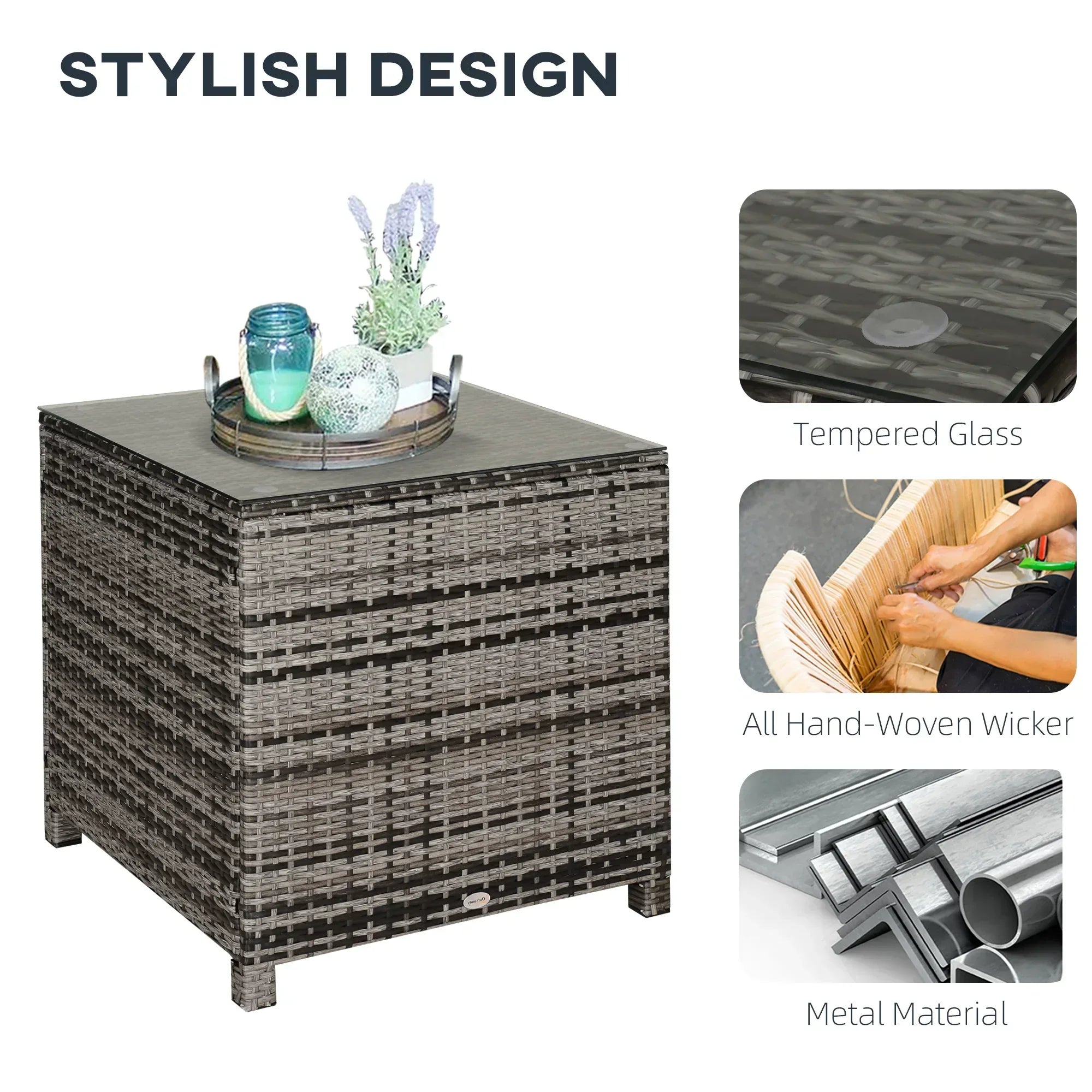 Square PE Rattan Garden Table, with Glass Table Top - Grey - Bobobiy