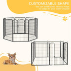 Black metal puppy playpen with alternate multi-panel corner layout and door.