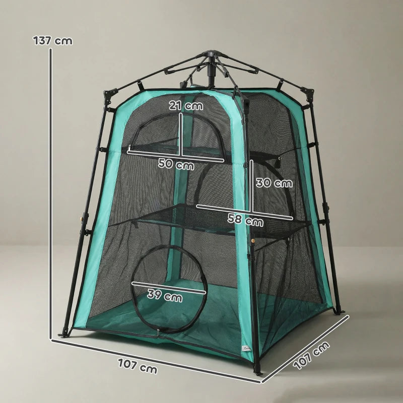 Teal and black multi-tier cat house tent with mesh walls and multiple door openings