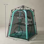 Teal and black multi-tier cat house tent with mesh walls and multiple door openings