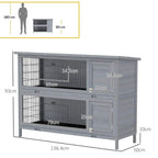 Grey outdoor rabbit hutch with two levels, side doors, and wire front panels (dimensions shown)