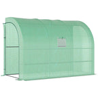 Walk-in green greenhouse with arched zip door and center window screen