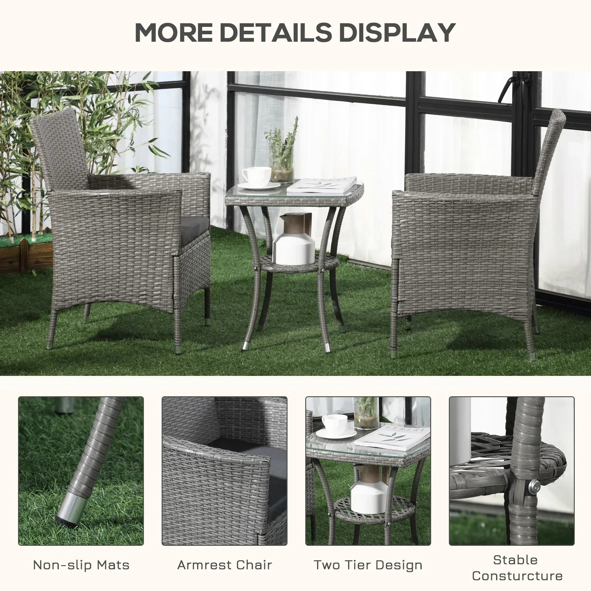 3 Pieces Rattan Bistro Set, Wicker Garden Furniture Set with 2-Tier Coffee Table and Chairs, Washable Cushions, for Outdoor Patio Balcony, Grey - Bobobiy