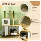 2-in-1 hidden cat litter box cat tree with openable doors, scratch board, and washable cushion