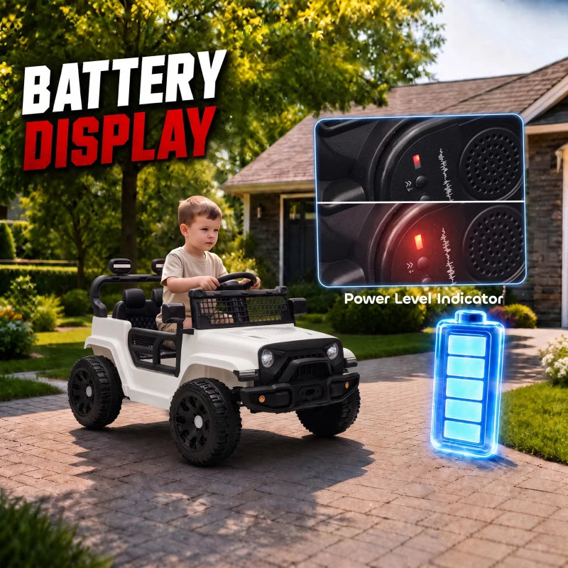 White electric kids ride-on car with power-level light indicator on front