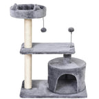 Grey cat tree tower with top round bed, side hanging ball toy, and lower enclosed condo