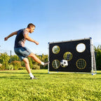 Portable football goal with black target panel, five yellow-ring circles, white net