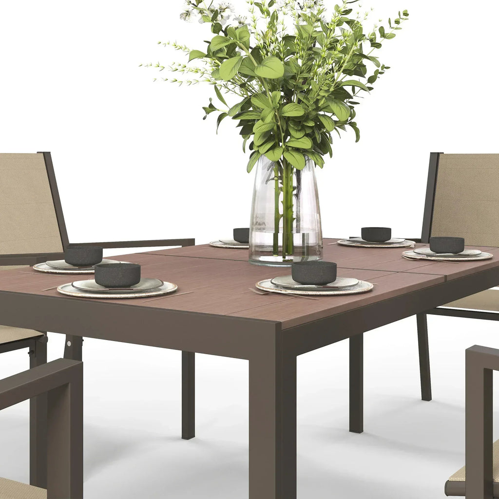 Seven-Piece Garden Dining Set, with Plastic Wood-Top Table - Brown - Bobobiy