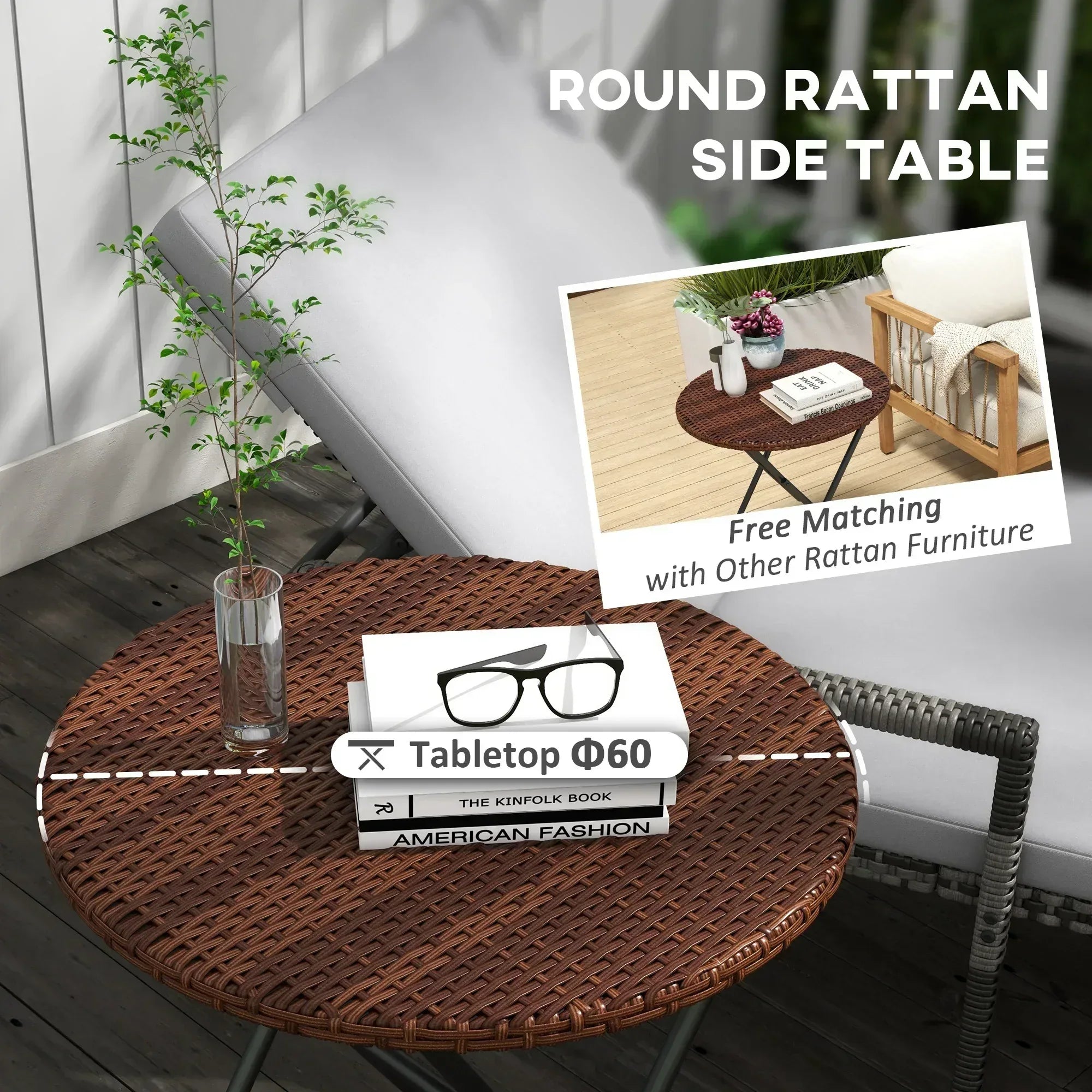 Foldable PE Rattan Outdoor Coffee Table, Metal Frame Wicker Round Side Table, Coffee Table Side Table for Lawn, Garden, Mixed Brown - Bobobiy